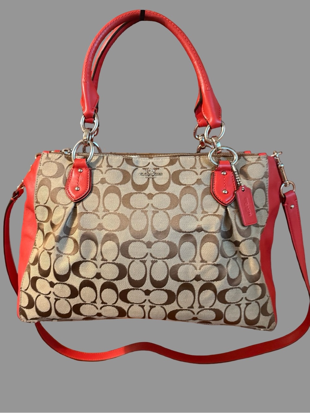 Coach Signature Colette Carryall Satchel Bag in Khaki & Cherry Red